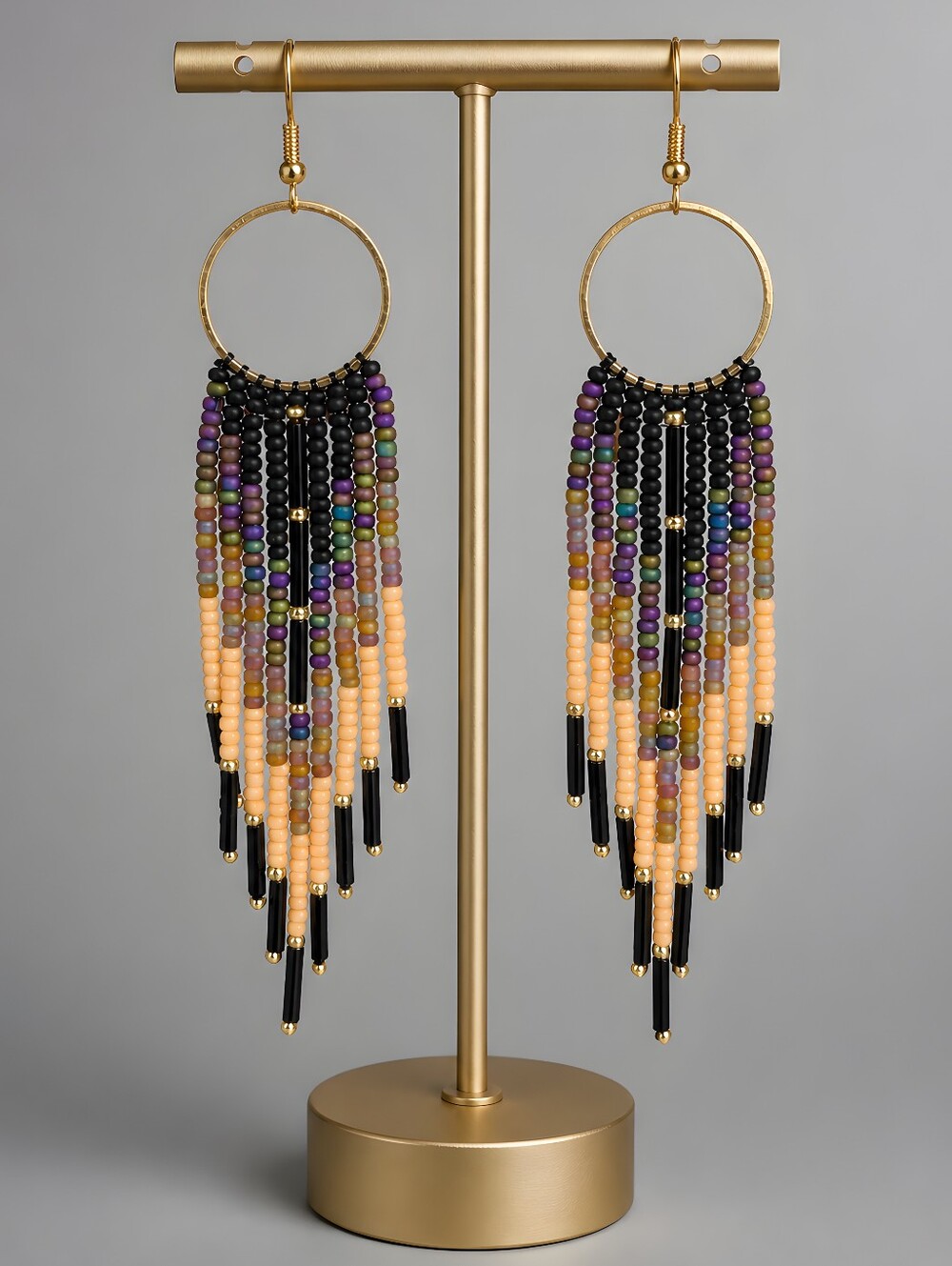 Handmade Cosmic Geo Southwestern Boho Fringe Beaded Earrings - Black Purple